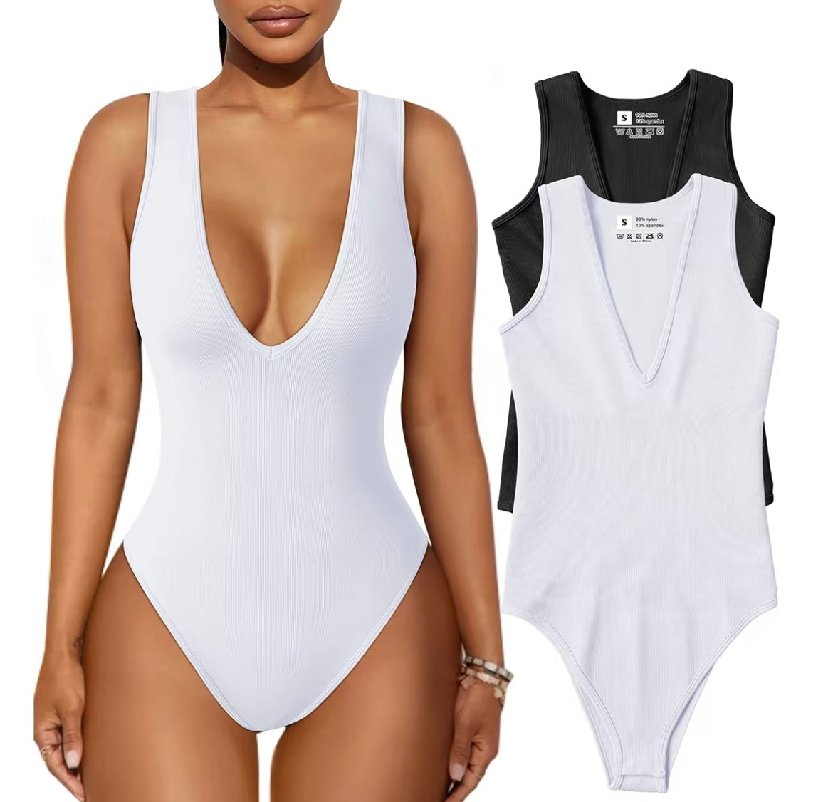 Women's 2 Piece Sleeveless Deep V Neck Ribbed Leotard One Piece Bodysuit