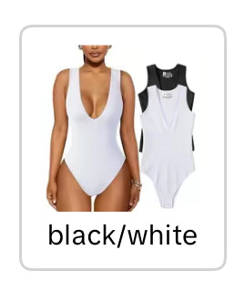 Women's 2 Piece Sleeveless Deep V Neck Ribbed Leotard One Piece Bodysuit